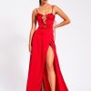 Dresses Miss Circle | Rabia Red Lace Up High Slit Satin Dress