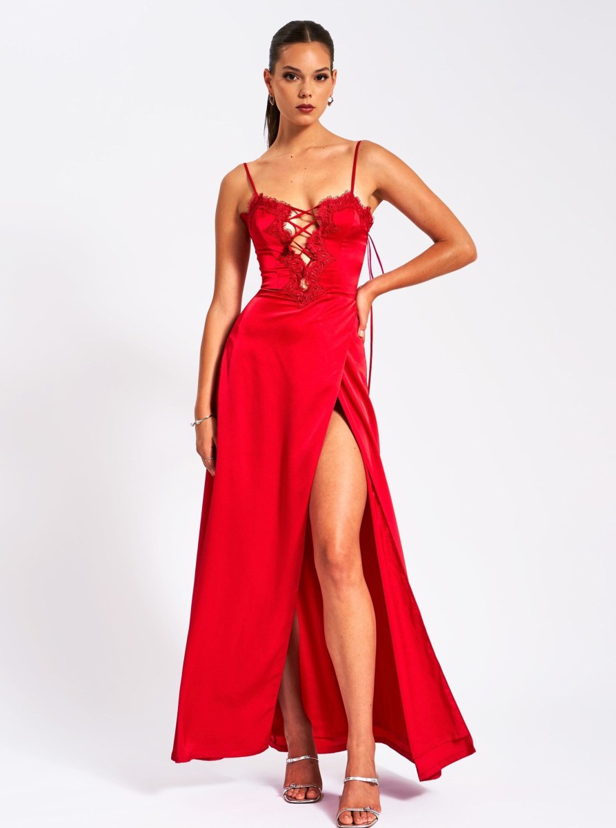 Dresses Miss Circle | Rabia Red Lace Up High Slit Satin Dress