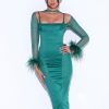 Dresses Miss Circle | Oaklie Emerald Green Satin Mesh Sleeve Dress With Feathers