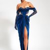 Dresses Miss Circle | Quintessa Teal Lace Velvet Corset Off Shoulder Gown