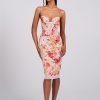 Dresses Miss Circle | Florianne Red Floral Print Satin Midi Dress With Lace Details