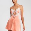 Lace Miss Circle | Thea Coral Satin Lace Trim Mini Dress