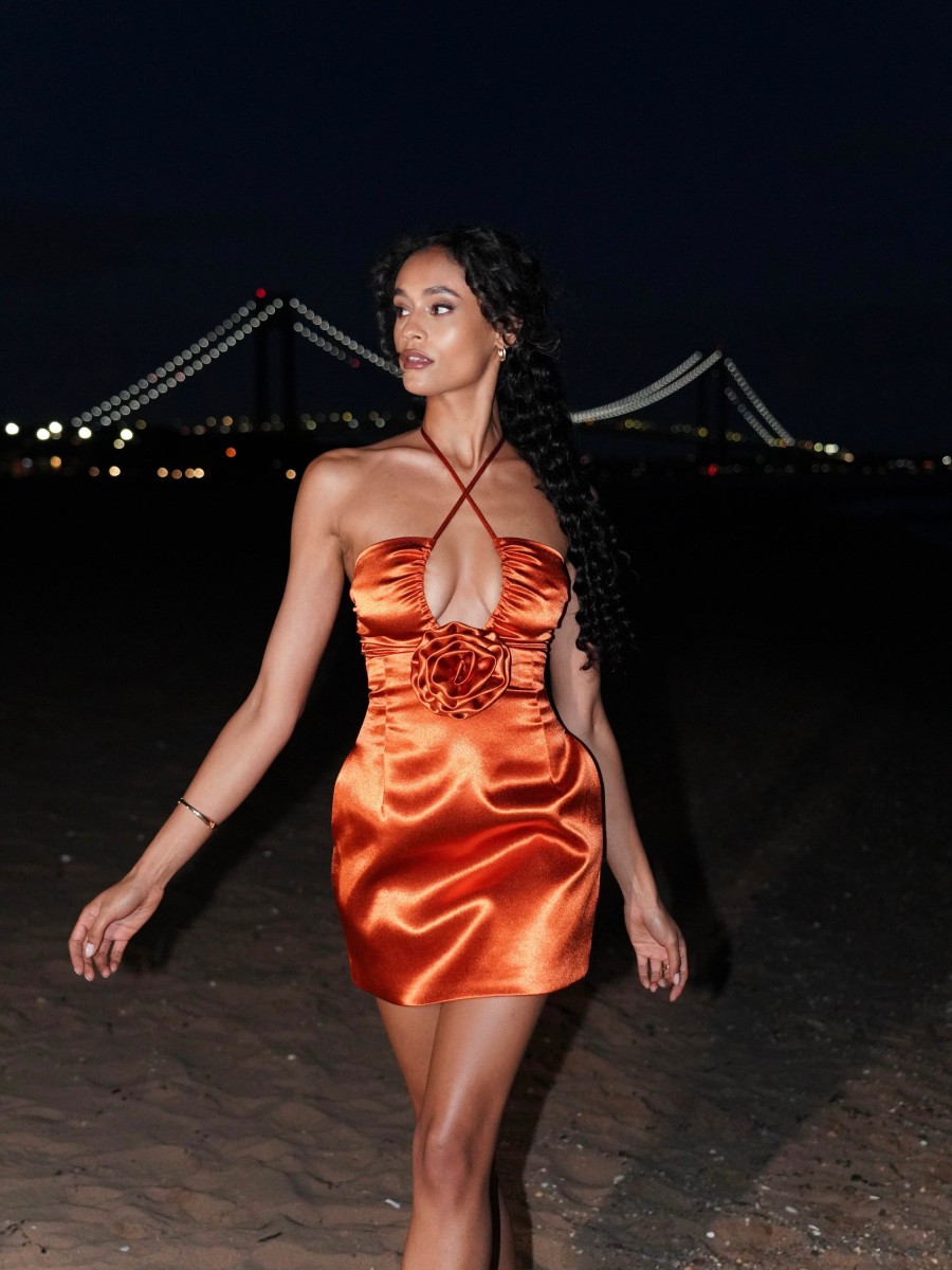 Dresses Miss Circle | Marcia Orange Satin Strappy Halter Neck Dress