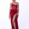 Dresses Miss Circle | Callie Red Lace Satin Corset High Slit Gown