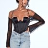 Tops Miss Circle | Pixie Black Mesh Sleeve Halter Corset Satin Top