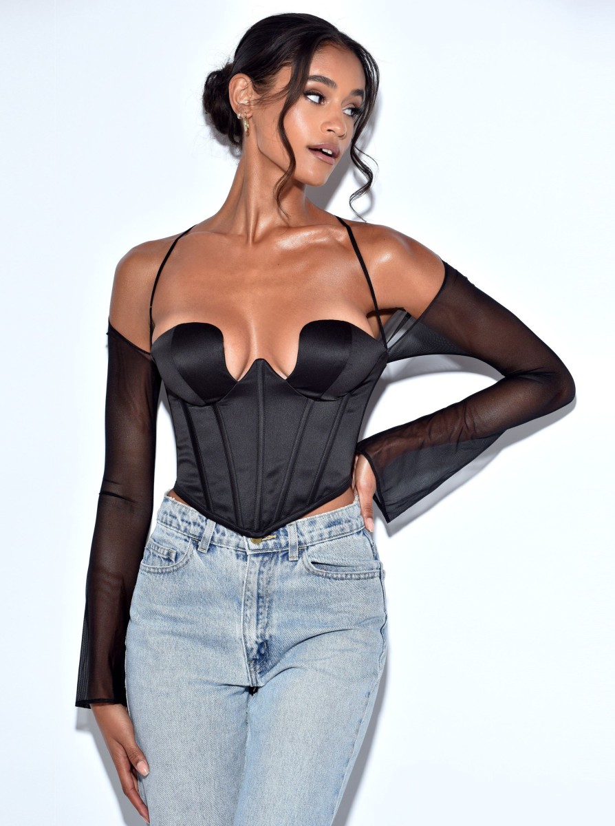 Tops Miss Circle | Pixie Black Mesh Sleeve Halter Corset Satin Top