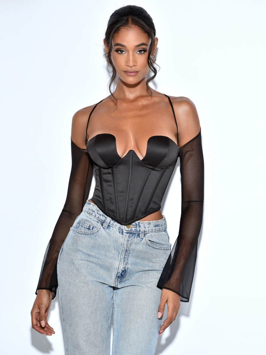 Tops Miss Circle | Pixie Black Mesh Sleeve Halter Corset Satin Top