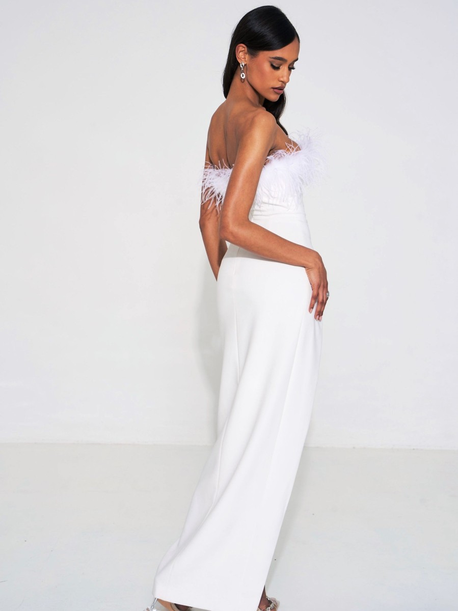 Dresses Miss Circle | Rachel White Feather Maxi High Slit Dress