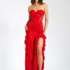 Lace Miss Circle | Talia Red Satin Lace Corset Maxi Dress