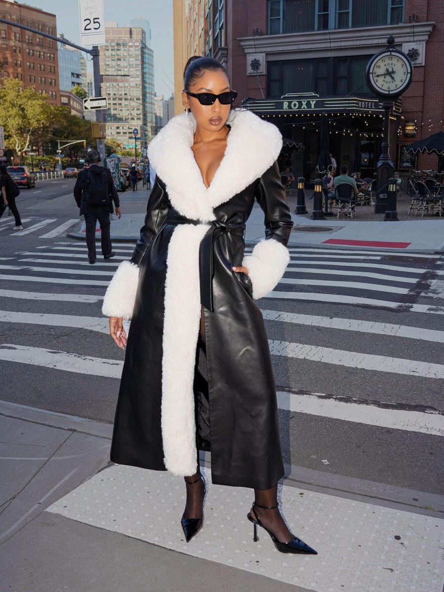 Coats Miss Circle | Zaida White Faux Fur Trim Black Vegan Leather Coat