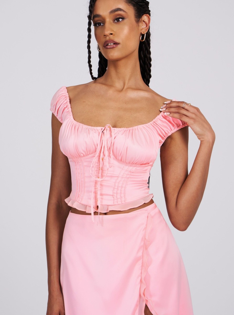 Tops Miss Circle | Scarlett Salmon Pink Satin Bustier Crop Top