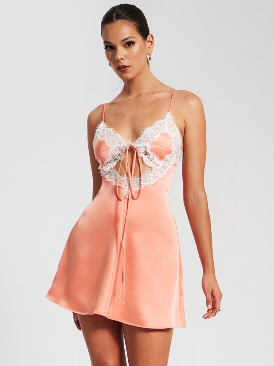 Dresses Miss Circle | Thea Coral Satin Lace Trim Mini Dress