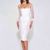 Dresses Miss Circle | Oaklie White Satin Mesh Sleeve Dress With Feathers