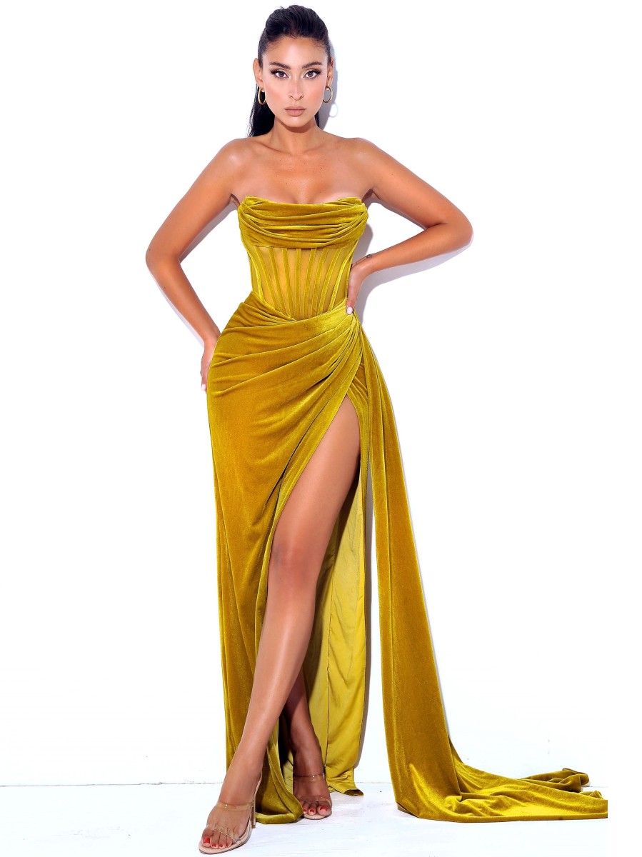 Corsets Miss Circle | Priya Gold Draping Corset High Slit Velvet Gown