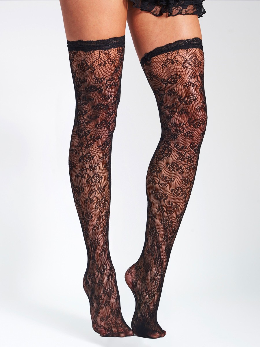 Accessories Miss Circle | Miss Circle Black Lace Floral Print Thigh Highs