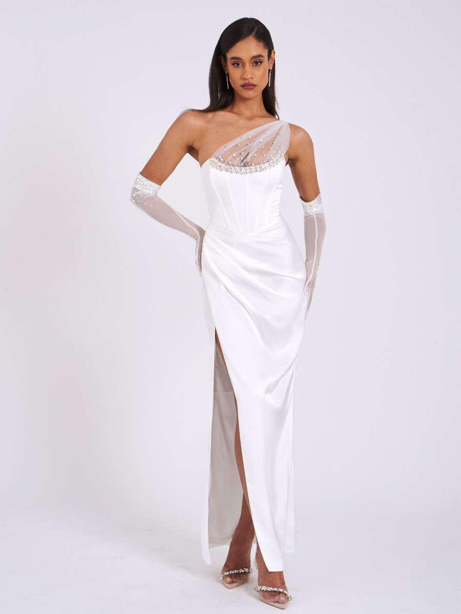 Gowns Miss Circle | Lora White Crystal Embellished Mesh Satin Corset Gown