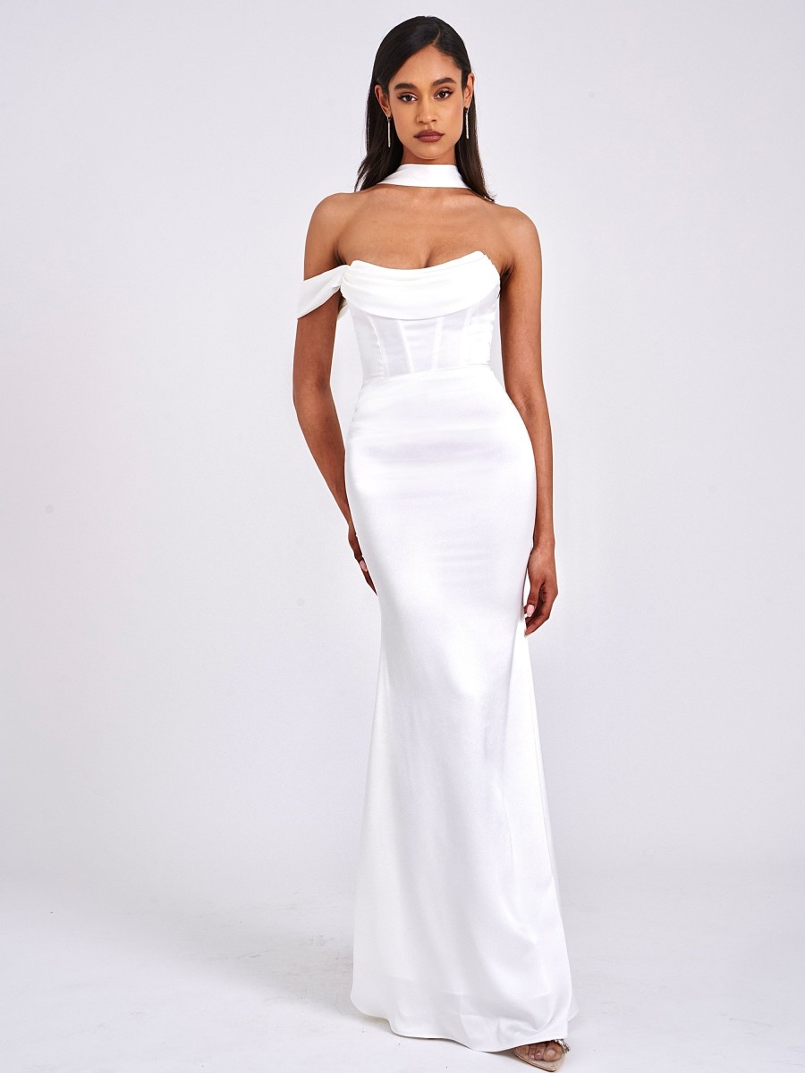 Gowns Miss Circle | Ivona White Halter Neck Double Duchess Satin Gown