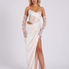 Gowns Miss Circle | Callie Pearl White Lace Satin Corset High Slit Gown