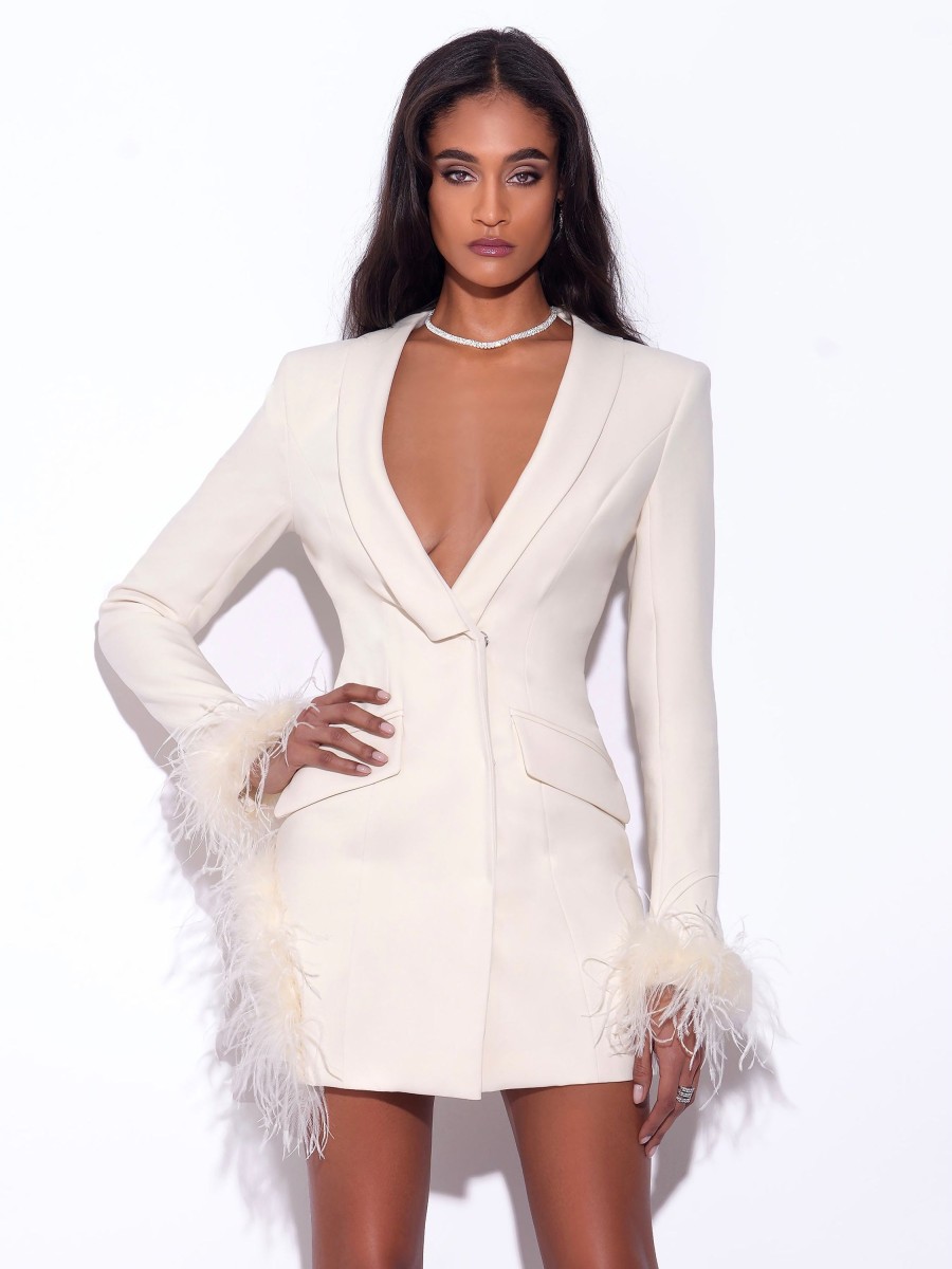 Blazer Dress Miss Circle | Madeline Pearl White Feather Trim Blazer Dress