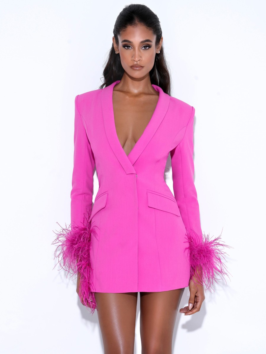 Blazer Dress Miss Circle | Madeline Fuchsia Feather Trim Blazer Dress