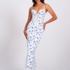 Lace Miss Circle | Qwin Blue Floral Print Satin Lace Maxi Dress