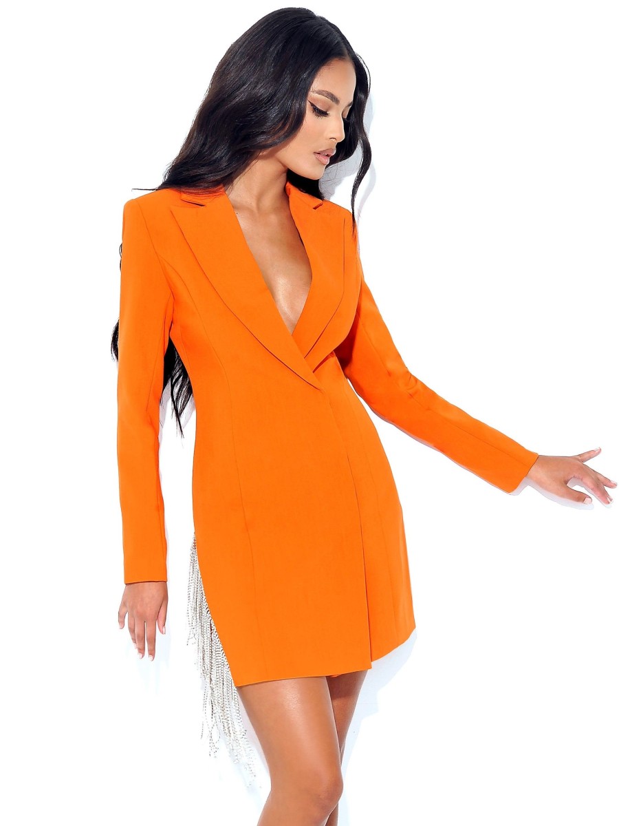 Blazer Dress Miss Circle | Freya Orange Crystal Fringe Blazer Dress