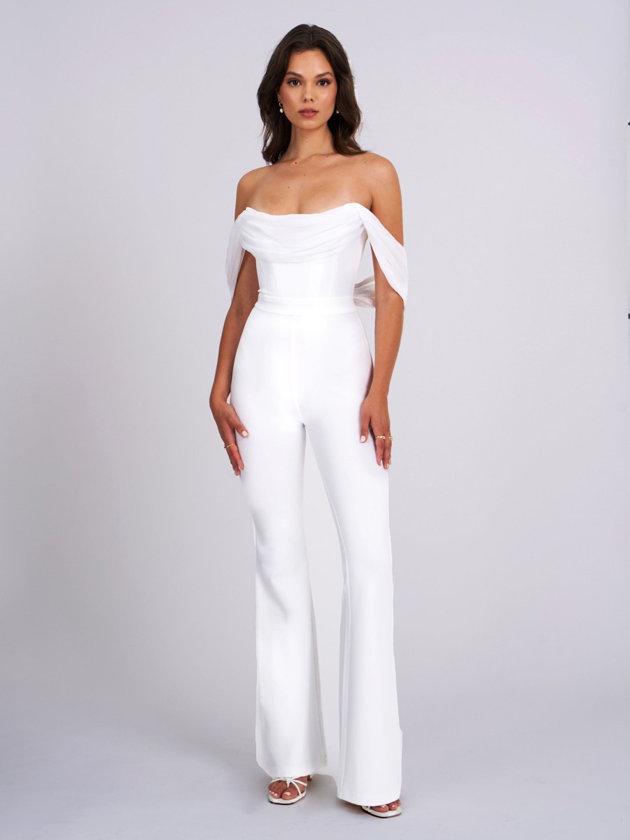 Jumpsuits Miss Circle | Sherlyn White Off Shoulder Flared Crepe Jumpsuit