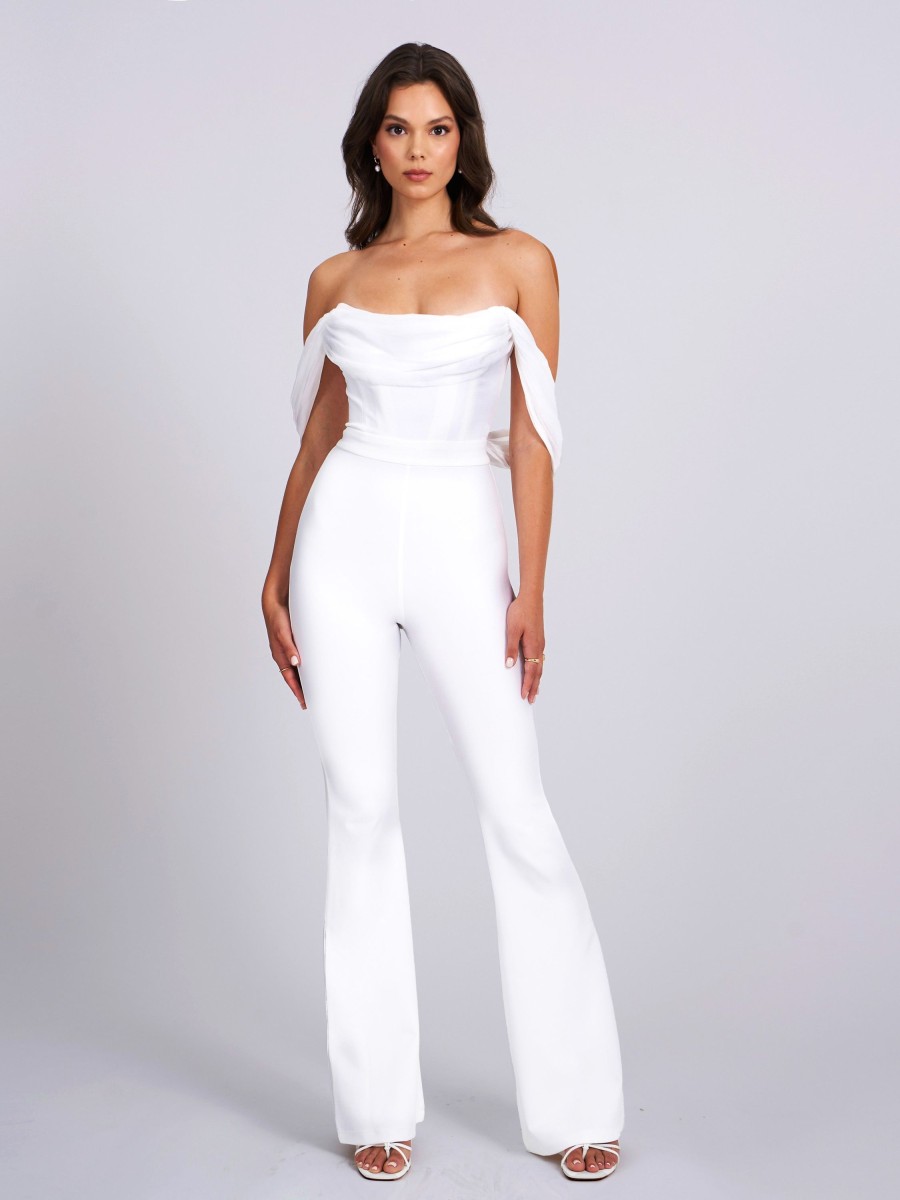 Jumpsuits Miss Circle | Sherlyn White Off Shoulder Flared Crepe Jumpsuit