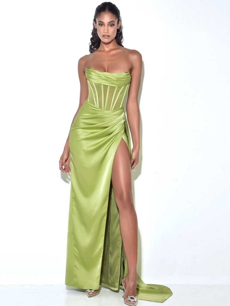 Corsets Miss Circle | Prisa Lime High Slit Satin Corset Gown