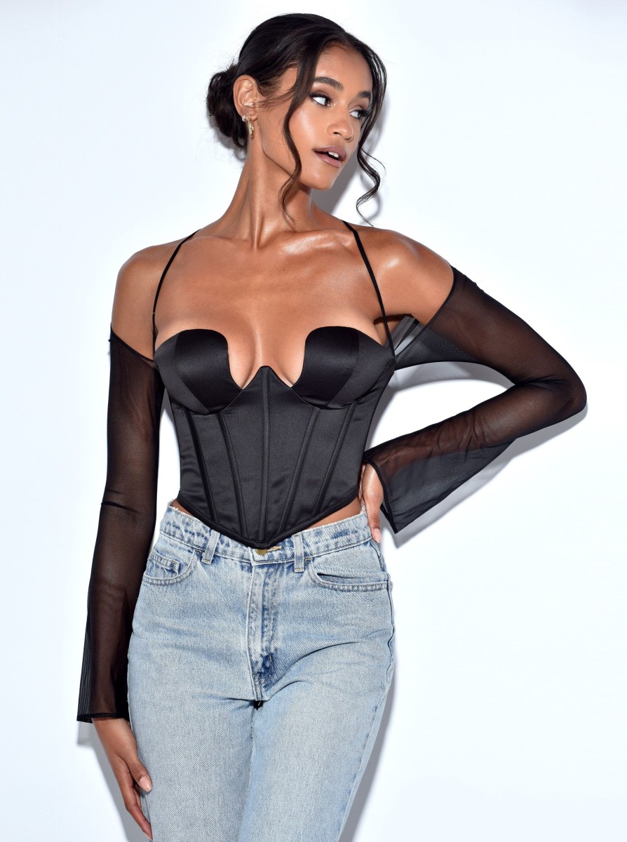 Corsets Miss Circle | Pixie Black Mesh Sleeve Halter Corset Satin Top