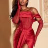 Corsets Miss Circle | Stella Burgundy Off Shoulder Crystal Corset Satin Gown