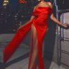 Corsets Miss Circle | Norma Red Off Shoulder Crystallized Corset Satin Gown