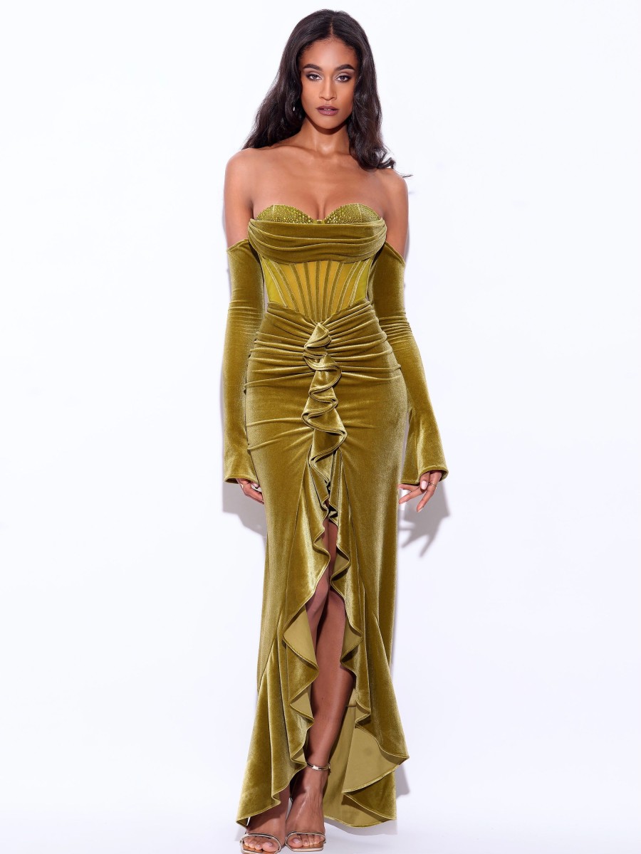 Dresses Miss Circle | Taylee Olive Green Long Sleeve Off Shoulder Corset Velvet Gown