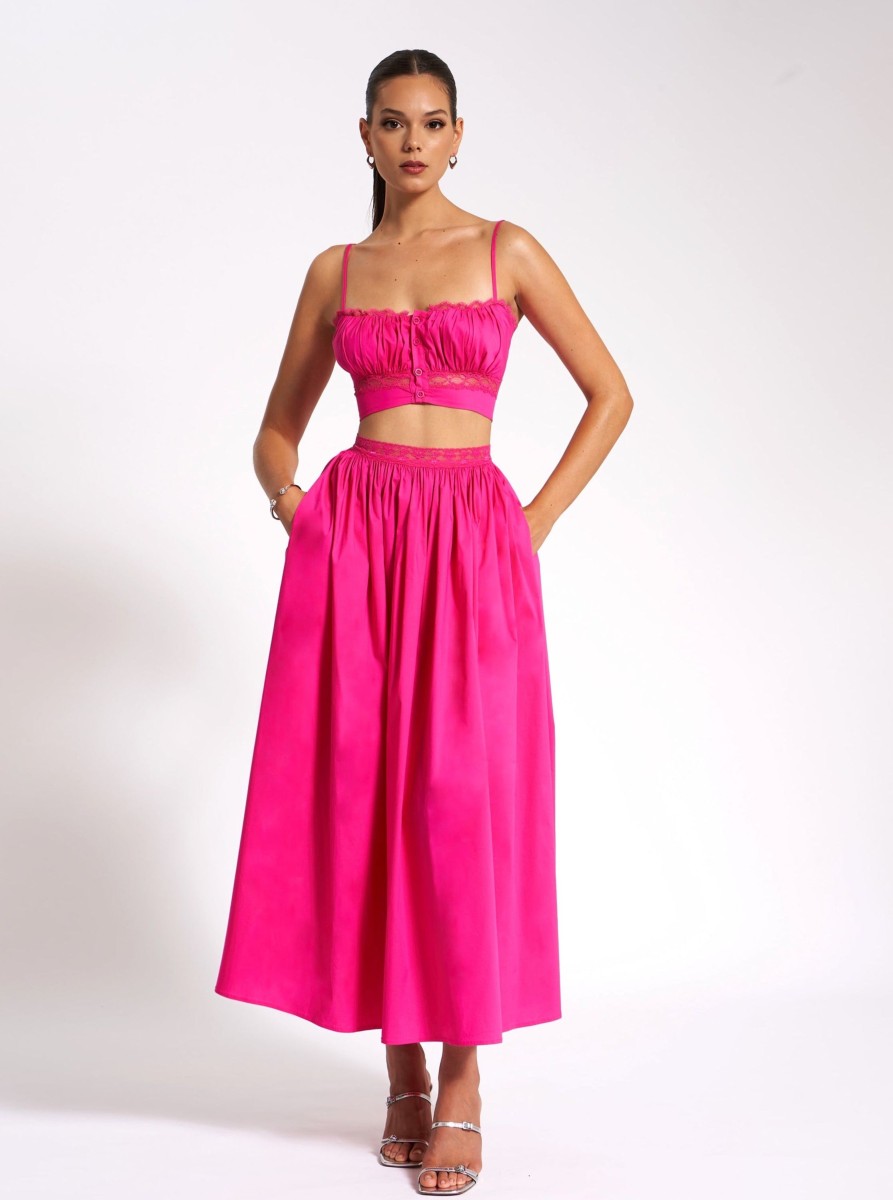 Bottoms Miss Circle | Martha Fuchsia Cotton Poplin Maxi Skirt With Lace Trim