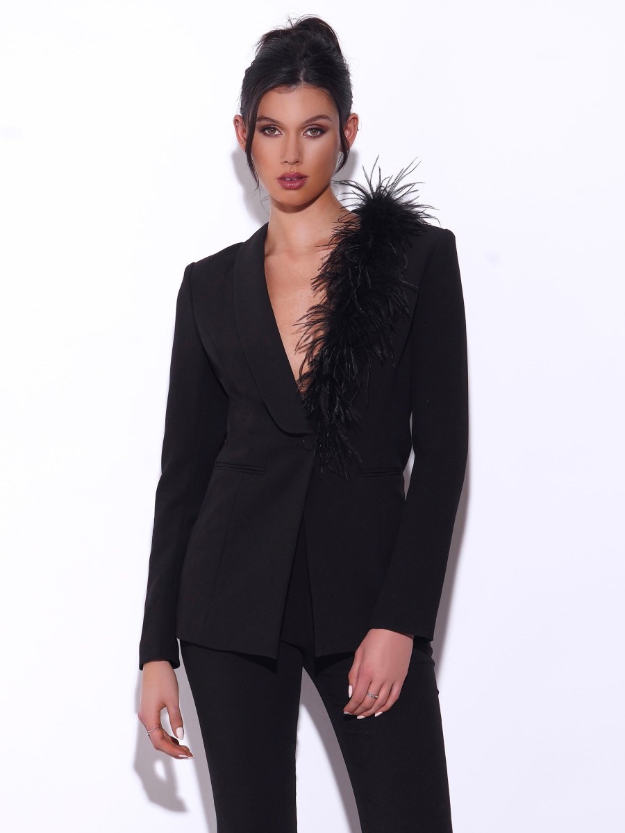 Tops Miss Circle | Yulia Black Suit Blazer With Feather Trim