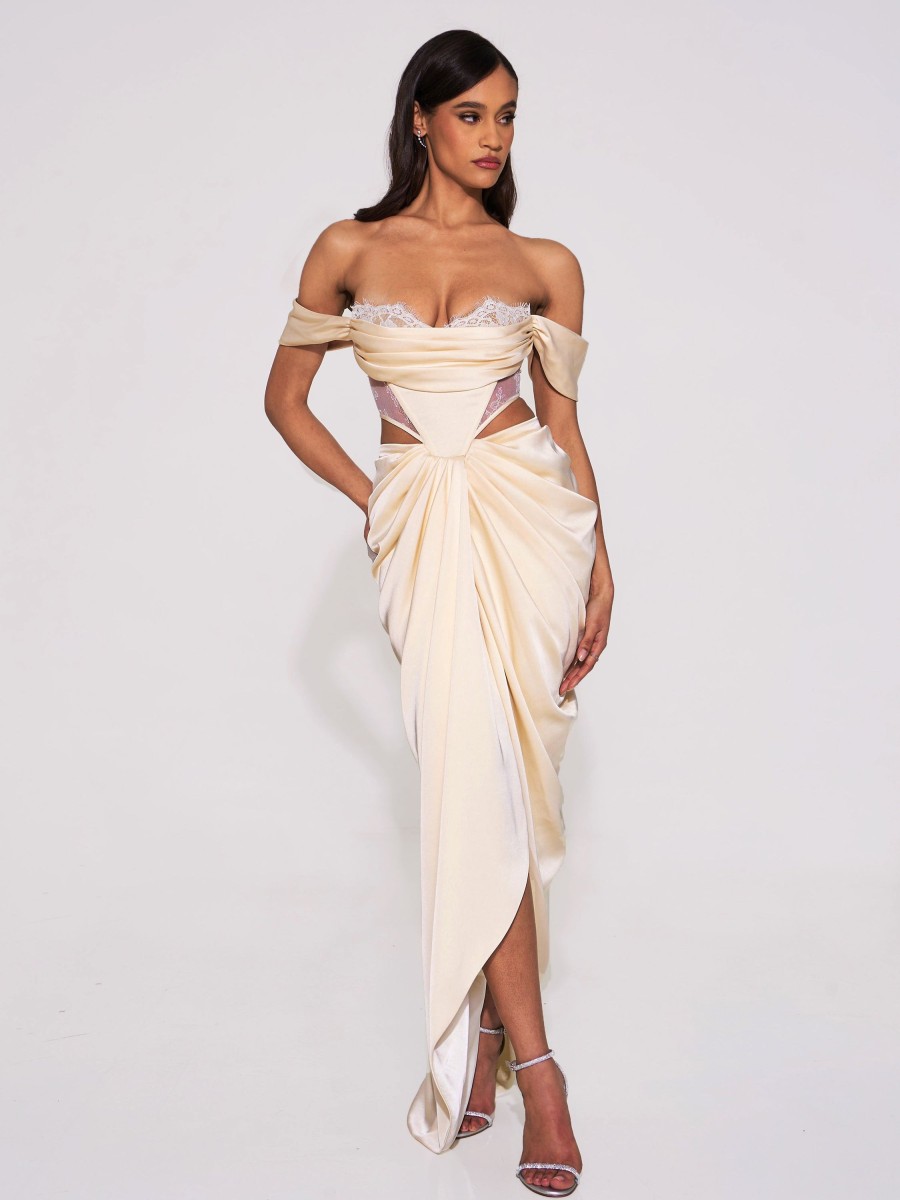 Dresses Miss Circle | Umbrielle Pearl White Lace Satin Corset Off Shoulder Gown