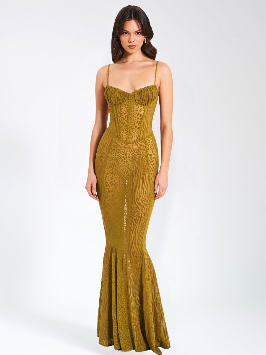 Dresses Miss Circle | Ulani Gold Burnout Velvet Detail Mesh Maxi Dress