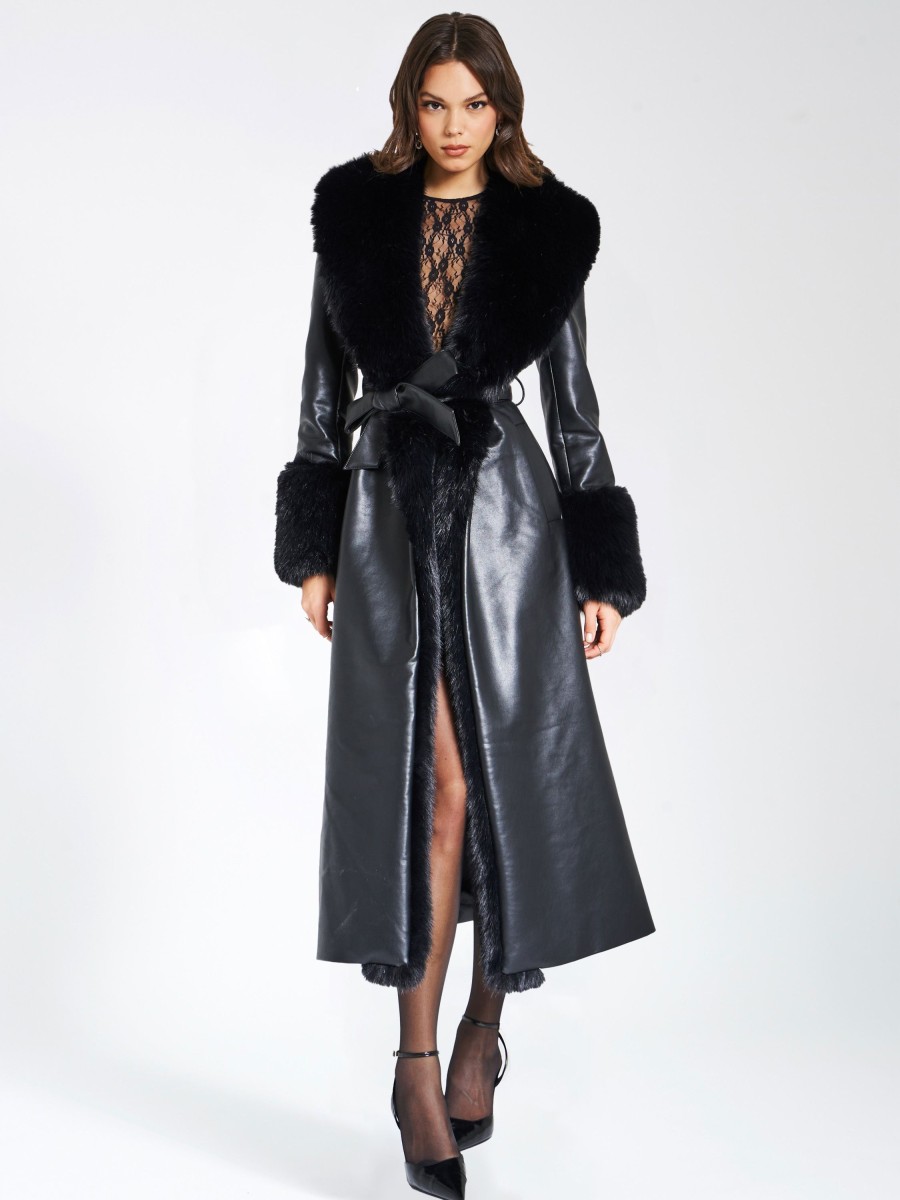 Dresses Miss Circle | Zaida Black Faux Fur Trim Black Vegan Leather Coat