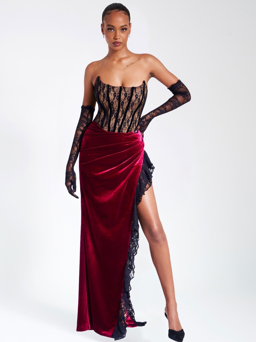 Gowns Miss Circle | Gaia Burgundy Lace Velvet Corset Side Slit Dress