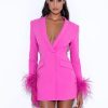 Eleanor Black And White Bow Satin Gown Miss Circle | Madeline Fuchsia Feather Trim Blazer Dress