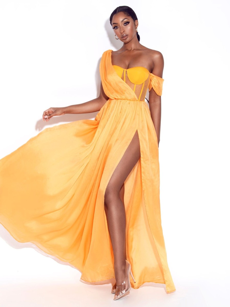 Corsets Miss Circle | Back In Style Orange Chiffon Pleated Corset High Slit Maxi Dress