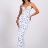 Dresses Miss Circle | Qwin Blue Floral Print Satin Lace Maxi Dress