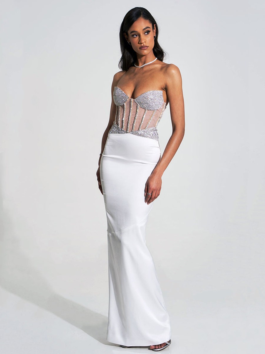 Gowns Miss Circle | Delany White Crystal Corset Satin Gown