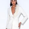 Tops Miss Circle | Yulia Cream White Suit Blazer With Feather Trim