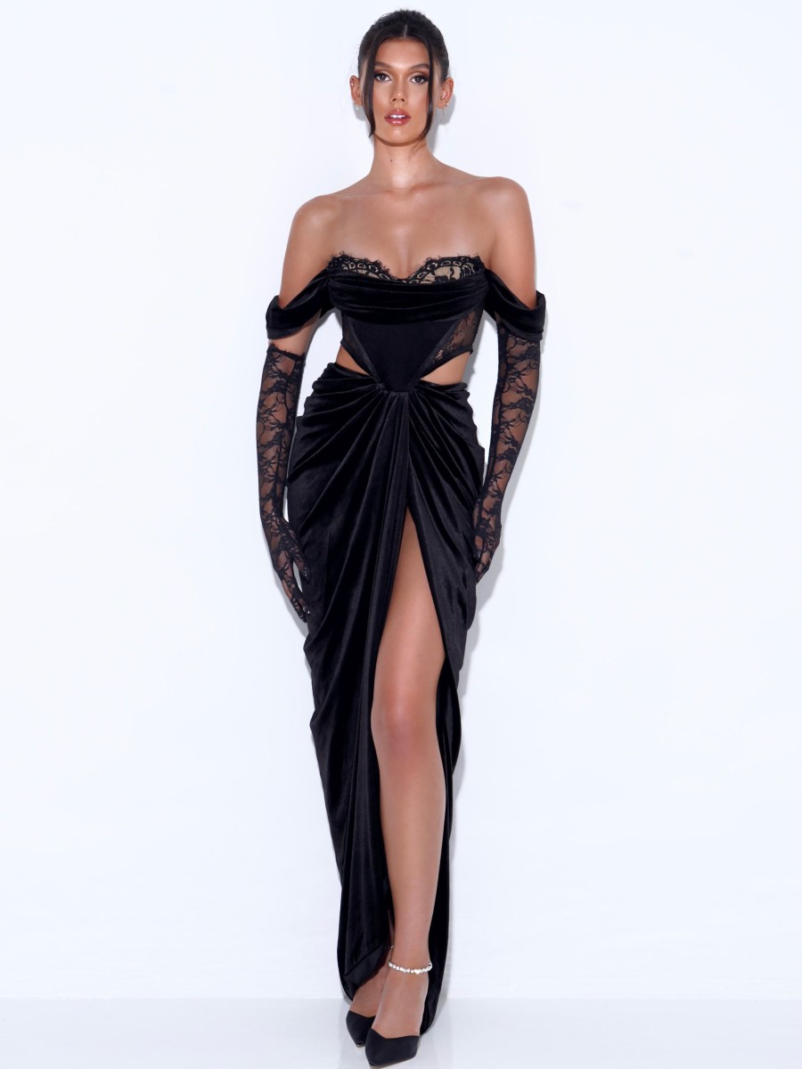 Dresses Miss Circle | Quintessa Black Lace Velvet Corset Off Shoulder Gown