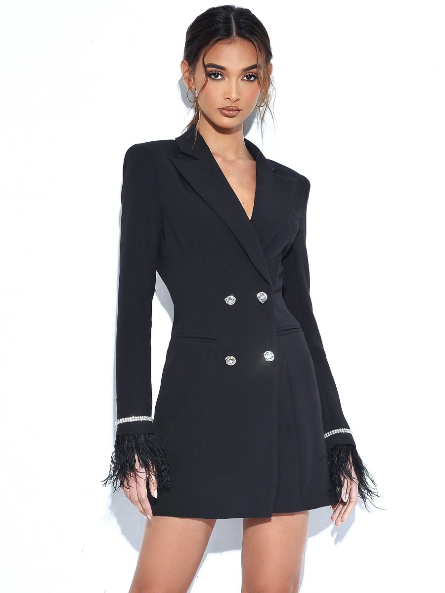 Dresses Miss Circle | Quilla Black Feather Crystal Sleeve Backless Blazer Dress