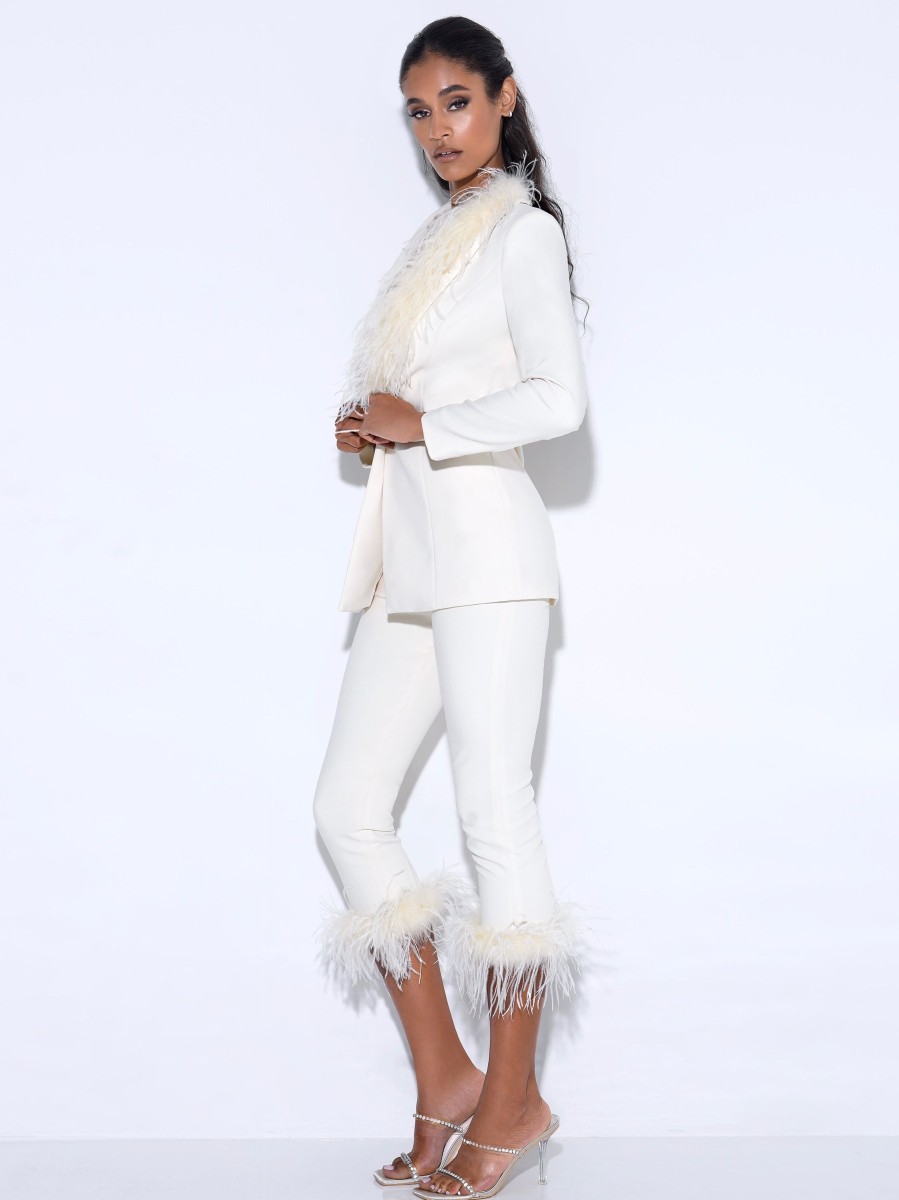 Bottoms Miss Circle | Yanely Cream White Pants With Feather Trim