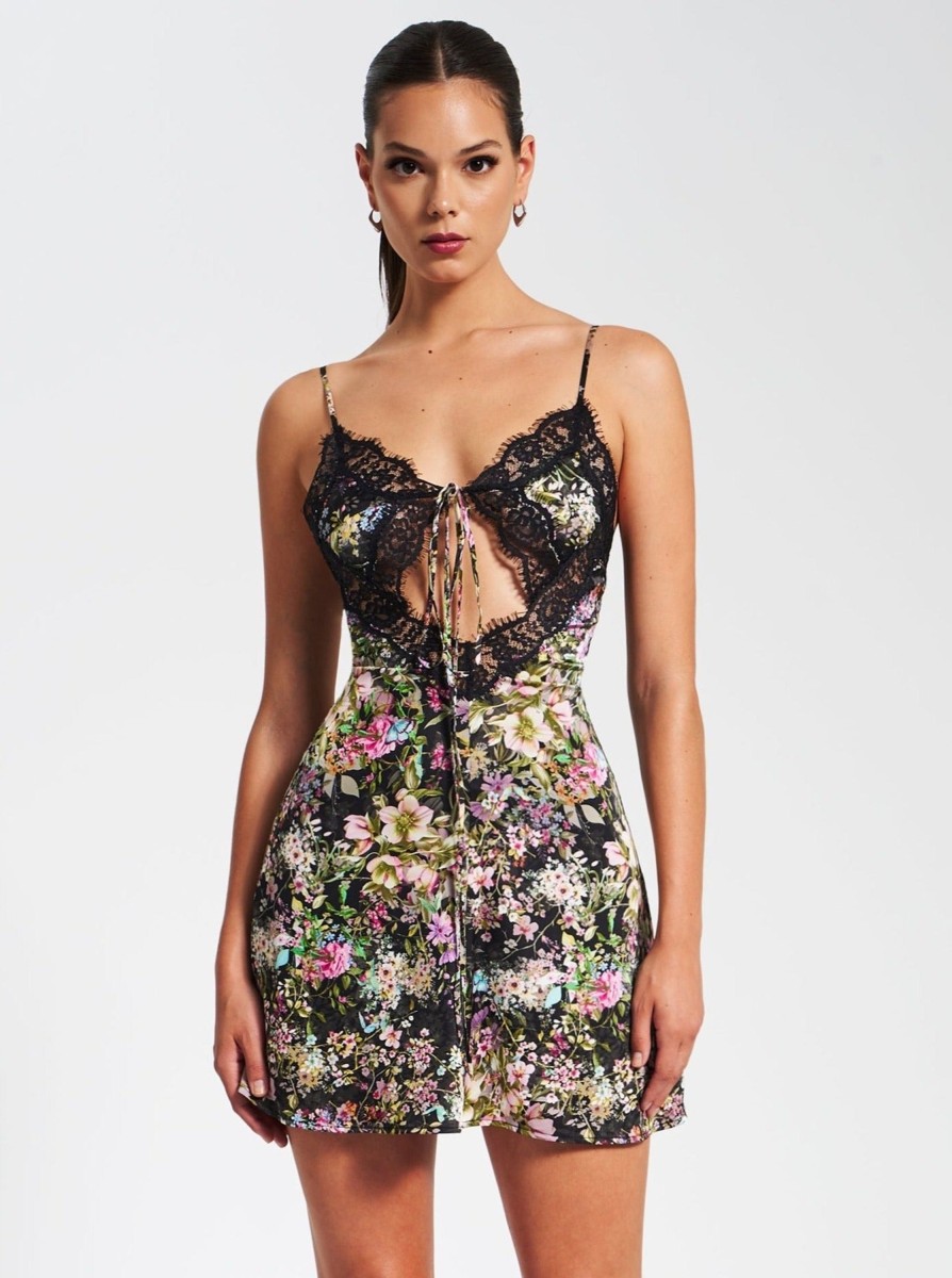 Dresses Miss Circle | Tehila Floral Print Satin Mini Dress With Lace Trim