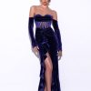 Dresses Miss Circle | Taylee Navy Long Sleeve Off Shoulder Corset Velvet Gown