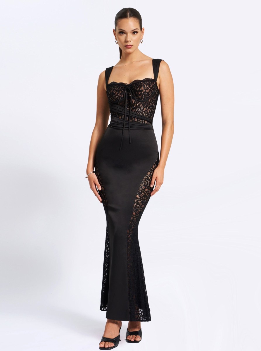 Dresses Miss Circle | Umica Black Lace And Satin Maxi Dress